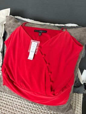 White House Black Market Red Sleeveless Blouse with Covered-Button Trim